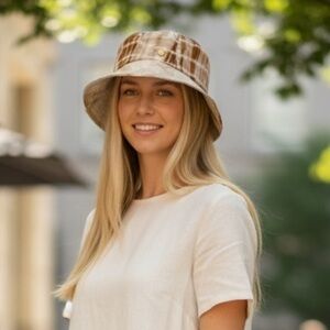 Vince Camuto Plaid Bucket Hat in Cream and Brown